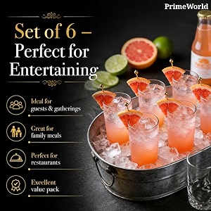 primeworld european 300 ml istanbul water glasses set of 6 pcs - tall drinking glasses for- water juice cold drink mojito cocktail lead-free perfect for home restaurants and parties