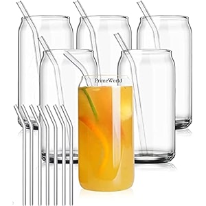 primeworld european 540ml plain can hi-ball glasses with straw set of 6 pcs - tall drinking glasses for- waterjuicecolddrinkmojitococktaillead-freeperfect for homerestaurants and partiesclear