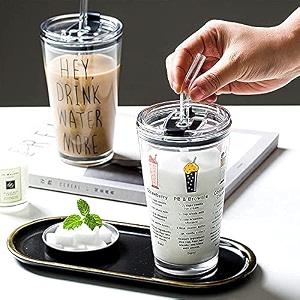 primeworld 370ml random print glass mug sipper with straw and lid set of 1 pcs for smoothiewater juice drinkslemon soda beer drinking glassesclear for iced coffee tea glasses sipper parties