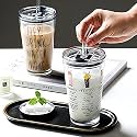 PrimeWorld 370ml Random Print Glass Mug Sipper with Straw and Lid Set of 1 pcs for Smoothie,Water, Juice, Drinks,Lemon Soda, Beer Drinking Glasses,Clear for Iced Coffee, Tea Glasses Sipper Parties