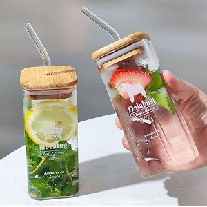 primeworld wesco wooden lid drinking glass sipper straw tumbler mug set of 2 pc beer soda and tea coffee can fruit juice milk water cup cocktail smoothie gift glasses