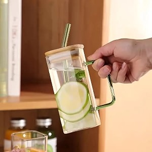 primeworld wesco wooden lid drinking glass sipper straw tumbler mug set of 1 pc beer soda and tea coffee can fruit juice milk water cup cocktail smoothie gift glasses