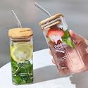 PrimeWorld Wesco Wooden Lid Drinking Glass Sipper Straw Tumbler Mug Set of 2 Pc Beer Soda and Tea Coffee Can Fruit Juice Milk Water Cup Cocktail, Smoothie Gift Glasses
