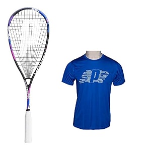 prince 19 sq vortex pro 650 squash racket with round neck tshirt blue size s