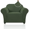 PrinceDeco Stretch Chair Covers for Living Room, Washable Armchair Slipcovers, Fitted Chair Slip Cover Jacquard Small Checked Furniture Protector with Elastic Bottom(Armchair 31"-40",Bronze Green)