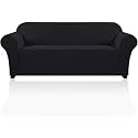 PrinceDeco Stretch Sofa Cover Slipcover Couch Covers for 3 Cushion Couch Furniture Protector Sofa Covers with Non Slip Elastic Bottom Dogs Pet Friendly Fitted(Large Sofa 90"-100",Black)