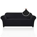 PrinceDeco Stretch Sofa Cover Slipcover Couch Covers for 3 Cushion Couch Furniture Protector Sofa Covers with Non Slip Elastic Bottom Dogs Pet Friendly Fitted (Sofa, Black)