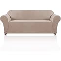 PrinceDeco Stretch Sofa Cover Slipcover Couch Covers for 3 Cushion Couch Furniture Protector Sofa Covers with Non Slip Elastic Bottom Dogs Pet Friendly Fitted(Large Sofa 90"-100",Sand)