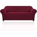 PrinceDeco Stretch Sofa Cover Slipcover Couch Covers for 3 Cushion Couch Furniture Protector Sofa Covers with Non Slip Elastic Bottom Dogs Pet Friendly Fitted(Large Sofa 90"-100",Burgundy Red)