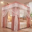 Princess Mosquito Net Canopy Curtain with Ruffle Double Layer 4 Opening Netting for Girls Bedroom Decoration Solid Color Bed Canopy (Pin Jade Full)
