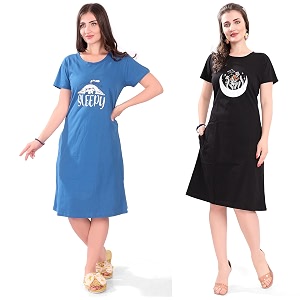 Printed Knee Length Pocket Night Dresses for