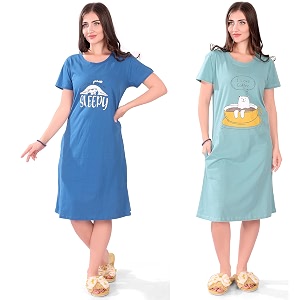 Printed Knee Length Pocket Night Dresses for
