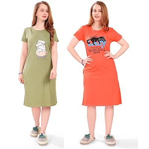 Printed Knee Length Pocket Night Dresses for