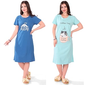 Printed Knee Length Pocket Night Dresses for