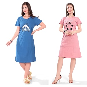Printed Knee Length Pocket Night Dresses for