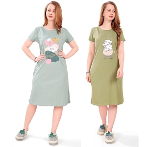 Printed Knee Length Pocket Night Dresses for