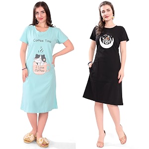 Printed Knee Length Pocket Night Dresses for