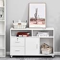 Printer Stand, White Home Office Mobile Cabinet Organizer with 4 Caster Wheels, 3 Shelves, 2 Drawers & Storage Cabinet, Fit Printer/Files/Office Supplies, 39.3x13.8x25.5 Inches