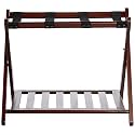 Priti Solid Wood Foldable Luggage Rack with Shelf for Bedroom & Hotel | Heavy Duty Nylon Straps | Space Saving Suitcase Stand | Shoe Storage Bottom Rack | Premium Dark Walnut Finish