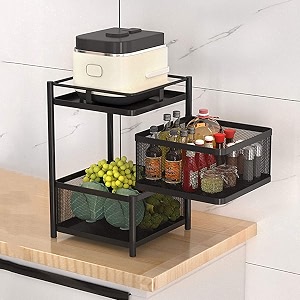 privesh metal 2 layer square kitchen rotating trolley portable storage rack fruitsampvegetable onionspicejars container basket holde stand kitchen-black square layercountertop tiered shelf
