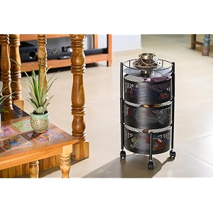 privesh metal layer square kitchen rotating trolley portable storage rack design fruitsampvegetable onionspicejars container basket organizer holde stand kitchen-black round 3 layer