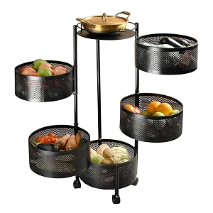 privesh metal layer square kitchen rotating trolley portable storage rack design fruitsampvegetable onionspicejars container basket organizer holde stand kitchen-black round 5 layer
