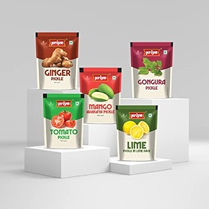 priya pickles combo of 5 pickle with garlic 35g pouch total 700gm each flavor pack of 4 mangoginger lime gongura tomato - pouch pack of 20