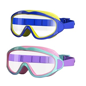 proberos 2 pack big frame swimming goggles leakproof swimming goggles for age 3-16 kids swim goggles with anti fog and uv protection for boys girls bluepink