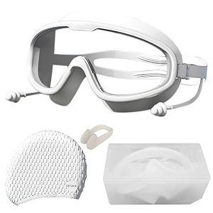 proberos swimming goggles with ear plugs anti-fog lens and cap white