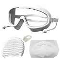 PROBEROS Swimming Goggles with Ear Plugs, Anti-Fog Lens and Cap, White