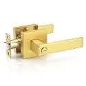 Probrico 1 Pack Gold Privacy Door Handles,Heavy Duty Satin Brass Door Knobs with Lock for Bedroom and Bathroom,Square Interior Keyless Locksets