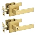 Probrico 2 Pack Gold Privacy Door Handles,Heavy Duty Satin Brass Door Knobs with Lock for Bedroom and Bathroom,Square Interior Keyless Locksets
