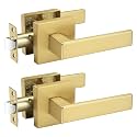 Probrico 2 Pack Heavy Duty Gold Passage Door Handle,Square Satin Brass Door Lever for Hallway and Closet, Keyless Reversible No-Locking Interior Door Knobs Both Fit Right &amp; Left Handed Side