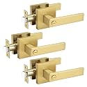 Probrico 3 Packs Gold Privacy Door Handles Square Keyless Door Handleset Interior Door Knobs Storage Room Bathroom Set No Keys Levers