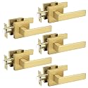 Probrico 5 Pack Heavy Duty Gold Passage Door Handle,Square Satin Brass Door Lever for Hallway and Closet, Keyless Reversible No-Locking Interior Door Knobs Both Fit Right & Left Handed Side
