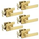 Probrico 5 Packs Gold Privacy Door Handles Square Keyless Door Handleset Interior Door Knobs Storage Room Bathroom Set No Keys Levers