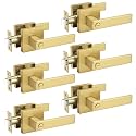 Probrico 6 Packs Gold Privacy Door Handles Square Keyless Door Handleset Interior Door Knobs Storage Room Bathroom Set No Keys Levers