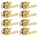Probrico 8 Pack Gold Privacy Door Handles,Heavy Duty Satin Brass Door Knobs with Lock for Bedroom and Bathroom,Square Interior Keyless Locksets