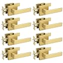 Probrico 8 Pack Heavy Duty Gold Passage Door Handle,Square Satin Brass Door Lever for Hallway and Closet, Keyless Reversible No-Locking Interior Door Knobs Both Fit Right & Left Handed Side