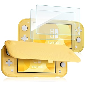 procase flip cover for nintendo switch lite with 2 pack tempered glass screen protectors slim protective case with magnetically detachable front cover for nintendo switch lite 2019 -yellow