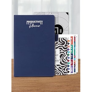 doodle a5 productivity planner kit undated hard bound288 pages12 monthlypocket meal plannerstickersmotivational quote cardstear away bookmarksactivity pages notes pages productivity pro-blue