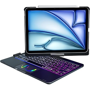 proelite 360 degree rotatable wireless bluetooth touchpad keyboard case cover for apple ipad air 13 inch m4m3m2 202620252024 amp ipad pro 129 5th6th gen built-in 7-colors backlit black