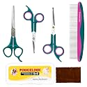 Professional 5 in 1 Pet Grooming Kit - Stainless Steel Dog &amp; Cat Grooming Scissors with Rounded Tip Blades for Safe Fur Trimming, Thinning Shears, Straight Scissors, and Pet Comb (Green 5 in 1)