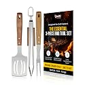 Professional Acacia Wood BBQ Tool Set (3 PCS) - Heavy Duty Stainless Steel Grill Accessories Kit with Spatula, Fork & Tongs - Durable Barbecue Utensils for Outdoor Cooking & Grilling