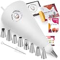 Professional Baking Piping Bags and Tips Set - Cotton Reusable Piping Bag 14" with 8 Stainless Steel Large Pastry Tips for Cake Decorating - Cupcake Kit with Icing Bag and Nozzles