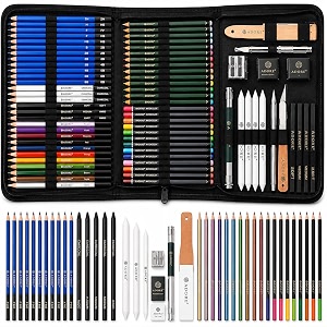 75 pcs professional sketching kit  complete graphite charcoal amp colored pencil set with sharpener blending stumps amp zippered carry case for beginners amp artists