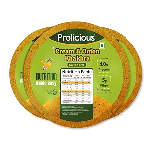 prolicious healthy protein khakhra 34g protein amp 17g fibre per pack vegan snack gluten freeno maida no palm oil 170g pack of 3  cream amp onion