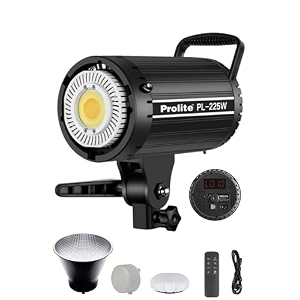 prolite pl-225w bi-color continuous cob led video light with bowens mount metal reflector diffuser cloth cob cover remote amp power cord  3200k-5600k 22500 lux  8 fx mode  for studios weddings