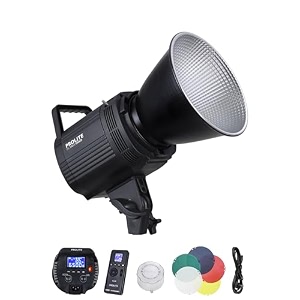 prolite pl-325w bi-color continuous cob led video light with bowens mount metal reflector diffuser cloth cob cover remote amp power cord  2700k-5600k 32500 lux  8 fx mode  for studios weddings