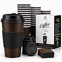 Promora 16 oz Brown Disposable Coffee Cups with Lids & Sleeves, Hot Coffee Cup Sleeves Disposable, Premium Insulated To Go Coffee Paper Cups with Lids & Sleeves (16 oz, Pack of 100) Brown and Black